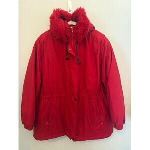 Collezione Basic Red Faux Fur Hooded Jacket Coat Cinched Waist XXL 2XL